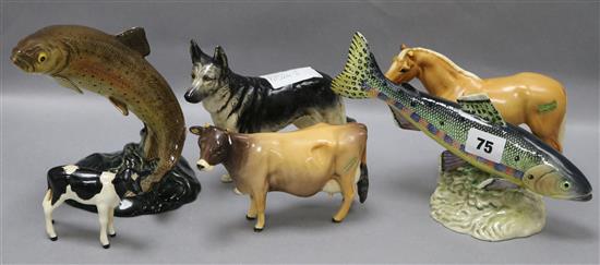 Five Beswick figures and a figure of an Alsatian tallest 16cm